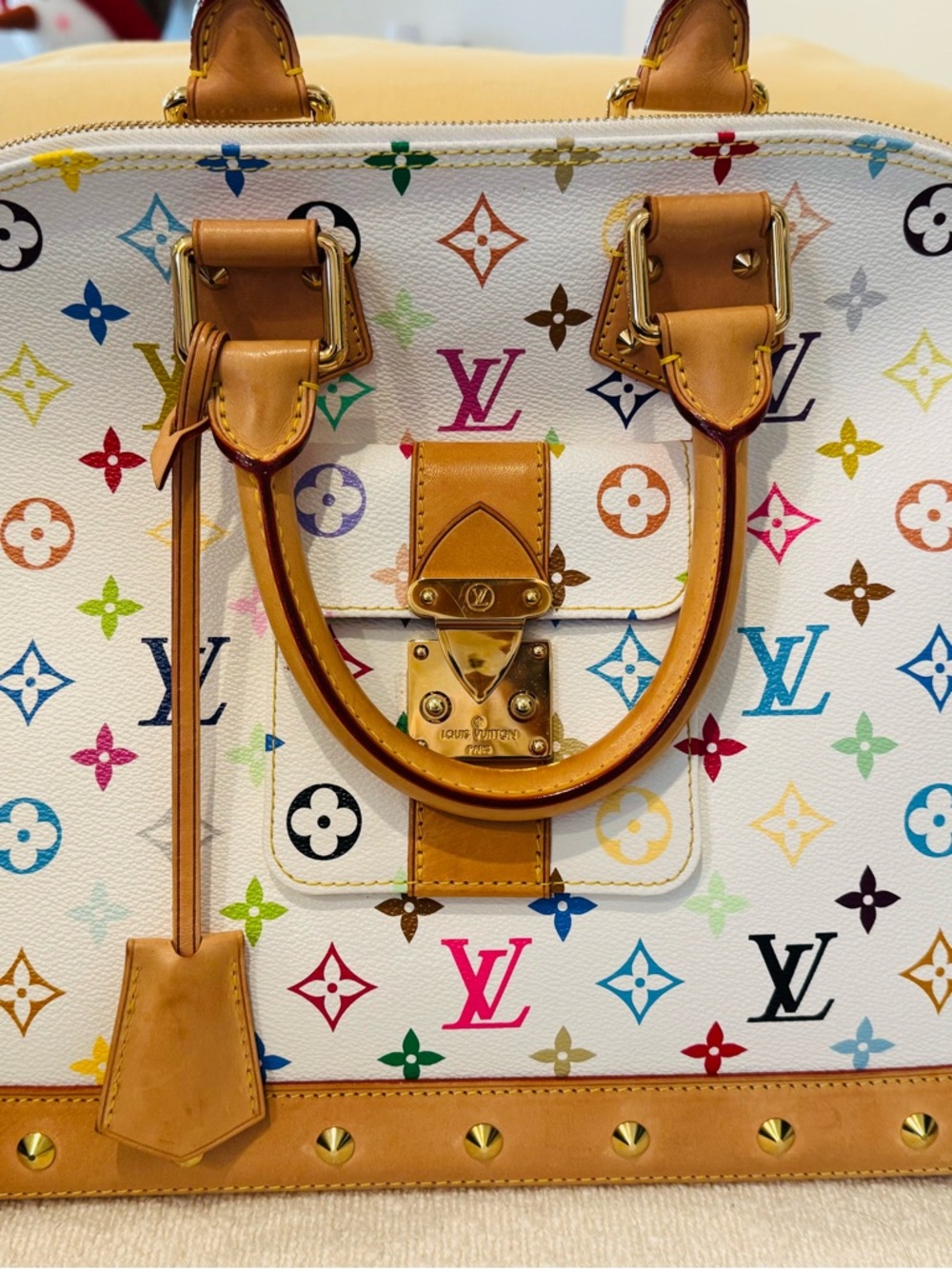 Louis Vuitton White Multicolor Monogram Satchel with Tan Vachetta Handles